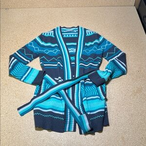 Athleta Sweater Women small Green Grey Aztec Print Long Open Cardigan i3